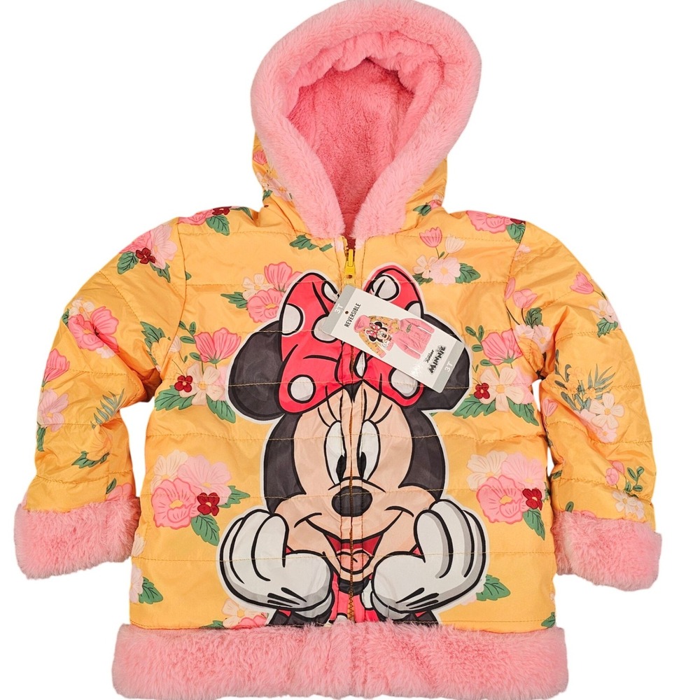 Disney Junior Minnie Mouse Reversible Puffer Jacket Yellow Floral Pink 3T New
